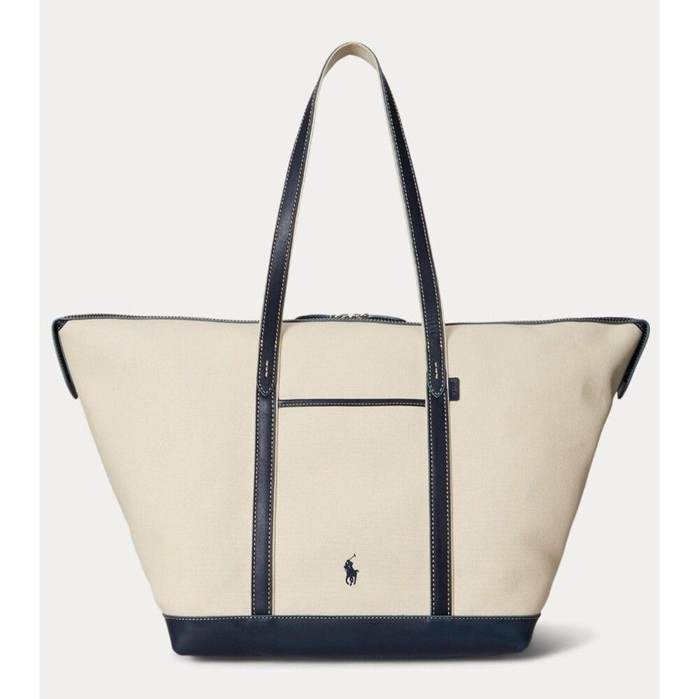 Polo Ralph Lauren Leather Trim Canvas Large Shopper Tote Ecru/Navy